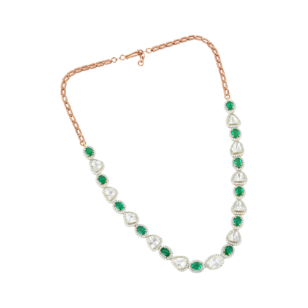 Oval Emerald Necklace with Unshaped Polki & Diamond Halo Borders